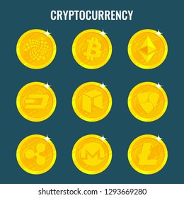 Cryptocurrency logo set - Bitcoin, Litecoin, Ethereum, Monero, Ripple, Dash, Nem, Iota, Neo. Golden coins with Cryptocurrency symbol. Vector
