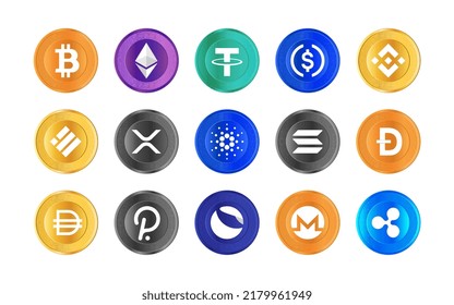 Cryptocurrency logo set. Set of cryptocurrency icons. Bitcoin, Ethereum, Tether, USDC, Binance, BUSD, XRP, Cardano, Solana, DOGE, DAI, Polkadot, Luna, Monero, Ripple