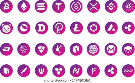 Cryptocurrency logo set vector icons. Crypto-currency coins collection bitcoin, ethereum, dogecoin, litecoin