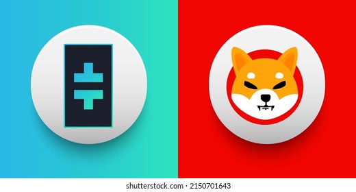 Cryptocurrency logo of Theta THETA and Shiba Inu SHIB symbol. Futuristic fintech based on block chain and virtual money concept vector templates. Can be used as icon, badge, sticker and banner design