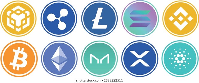 Cryptocurrency logos in colorful circle. vector logo images. 3D drawings.