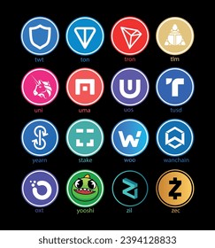 Cryptocurrency logos in colorful circle. vector logo images. 3d illustrations.