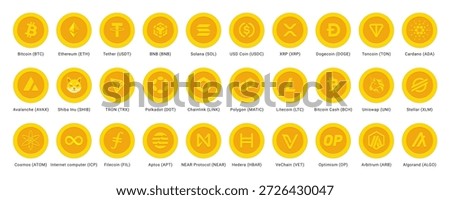 Cryptocurrency logos and symbols. Set of top crypto currency tokens, icons. Bitcoin, Ethereum, tether, bnb, solana, USD Coin, XRP, dogecoin, toncoin, cardano, avalanche, Golden coins vector isolated