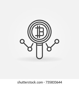 Cryptocurrency in magnifying glass vector concept icon or symbol in thin line style