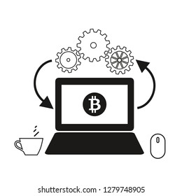 Cryptocurrency. Making money.  Modern computer technology. Bitcoin. Bitcoin on the screen of the laptop.  Illustration of vector gears. The cup of coffee on the table near computer.