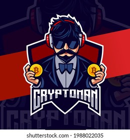 cryptocurrency man mascot character for mining and game logo design