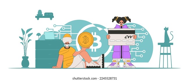 Cryptocurrency management concept. A team of people interact with crypto assets.