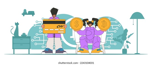 Cryptowährungsmanagement-Thema. eine Gruppe von Menschen interagiert mit kryptographischen Objekten.