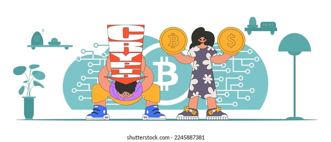 Cryptocurrency management theme. A team of people interact with crypto assets.