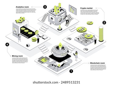 Cryptocurrency market 3d isometric concept in outline design for web. People working in isometry rooms in abstract crypto farms with blockchain technology at bitcoin platform. Vector illustration.