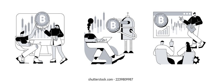 Cryptocurrency market abstract concept vector illustration set. Cryptocurrency trading desk bot, bitcoin trading courses, financial exchange, digital tokens, blockchain technology abstract metaphor.