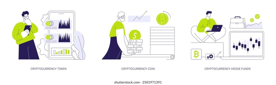 Conjunto de Ilustración vectorial de concepto abstracto de mercado de criptomonedas. App de intercambio de Analyze, token de criptomoneda, inversión en criptomonedas, fondo de cobertura, dinero digital, metáfora abstracta de alfabetización financiera.