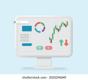 Cryptocurrency, Market Analytics And Trading Concept. Stocks Market Graph Chart On Computer Screen. Technical Analysis Candlestick Chart. Trading Strategy. Vector Illustration In Flat Style.