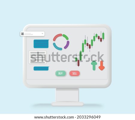 Cryptocurrency, market analytics and trading concept. Stocks market graph chart on computer screen. Technical analysis candlestick chart. Trading strategy. Vector illustration in flat style.