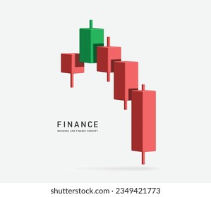 Cryptocurrency market bar chart or candlestick is in downtrend. The red graph is plummeting below ,vector 3d isolated on white background for making media about stock trading investment