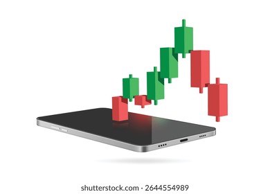 O gráfico de barras de mercado de criptomoedas está em uma tendência de queda. O lugar do gráfico vermelho no smartphone está despencando abaixo ,vetor 3d isolado no fundo branco para fazer mídia sobre o investimento de negociação de ações