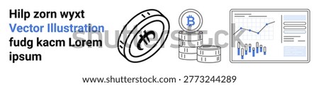 Cryptocurrency market, blockchain technology, digital investments, financial growth, data analysis, Bitcoin economy. Cryptocurrency coin, Bitcoin symbol graph with analytics. Cryptocurrency market