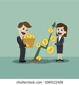 Crypto-currency market. Businessman and businesswoman looking for growth chart of Bitcoins.