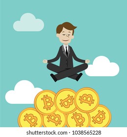 Crypto-currency market. Businessman doing yoga in lotus pose under the pile of Bitcoins