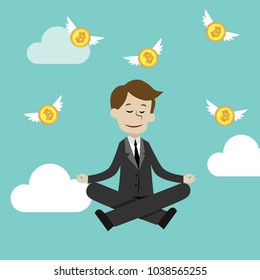 Crypto-currency market. Businessman doing yoga in lotus pose and thinking about Bitcoins
