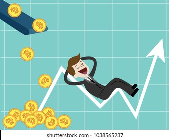 Crypto-currency market. Businessman looking for growth chart of Bitcoins. Graph get a lot of bitcoin.