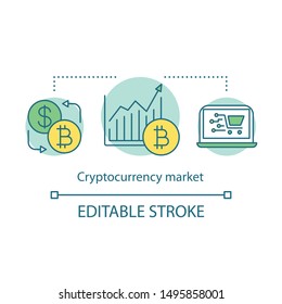 Cryptocurrency market concept icon. Electronic money trading idea thin line illustration. Digital currency exchange. Stock market graph. Vector isolated outline drawing. Editable stroke