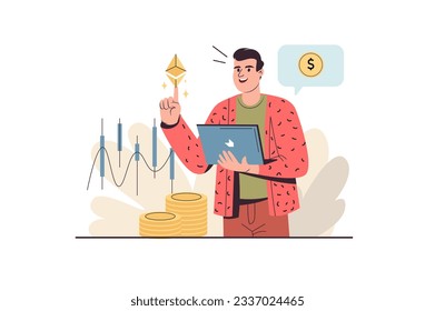 Cryptocurrency market concept with people scene in the flat cartoon design. A financier works at a crypto exchange and monitors the currency. Vector illustration.