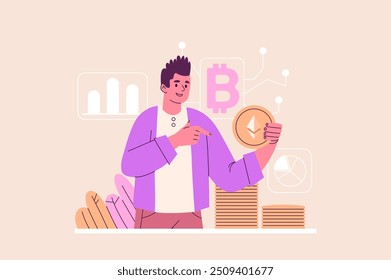 Concepto de mercado de criptomonedas con escena de personas en el diseño plano de dibujos animados. La Imagen muestra a una persona sosteniendo una moneda de criptomoneda en su mano, rodeada de gráficos financieros. Ilustración vectorial.