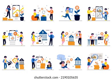 Concepto de mercado de criptodivisa con escenas de personas diminutas ambientadas en diseño plano. Un grupo de hombres y mujeres compran y venden bitcoines, invierten en criptografía, analizan intercambios en línea. Ilustración vectorial para web