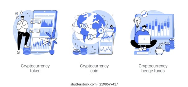 Cryptocurrency market isolated cartoon vector illustrations set. Analyze exchange app, cryptocurrency token, crypto coins investment, hedge fund, digital money, financial literacy vector cartoon.