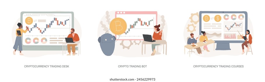 Conjunto de Ilustración vectorial de concepto aislado de mercado de criptomonedas. Bot de mesa de operaciones de criptomonedas, cursos de comercio de bitcoins, intercambio financiero, tokens digitales, concepto de Vector de tecnología blockchain.