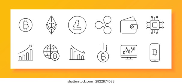 Cryptocurrency Market set icon. Bitcoin currency, ethereum platform, litecoin token, ripple payment, electronic wallet, processor architecture, growth indicator, global adoption, decline statistics