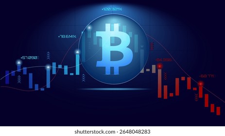 Cryptocurrency market trading chart displays a prominent bitcoin symbol, emphasizing a digital finance theme. Concept of real-time trading visualized through glowing charts