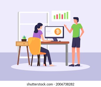 Cryptocurrency market vector illustration. Cryptocurrency trading and courses, Digital currency exchange, Blockchain technology. People analyze chart, Digital money investment. Vector in a flat style