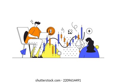 Concepto web del mercado de criptodivisa en diseño de esquema plano con caracteres. Hombre y mujer invierten en bitcoin, compran y venden dinero digital a cambio. Escena de gente de negocios de criptografía. Ilustración vectorial.