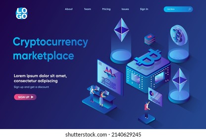 Cryptocurrency marketplace concept 3d isometric web landing page. People make financial transactions, buy or sell bitcoins, invest money in crypto business. Vector illustration for web template design