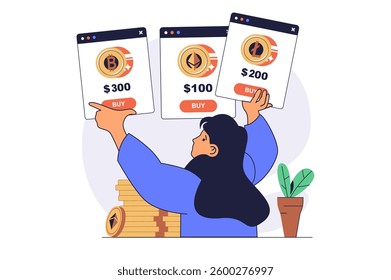 Cryptocurrency marketplace concept with cartoon people in flat design for web. Woman making deposit and choosing crypto coins, buying bitcoins, ethereum at virtual platform. Vector illustration.