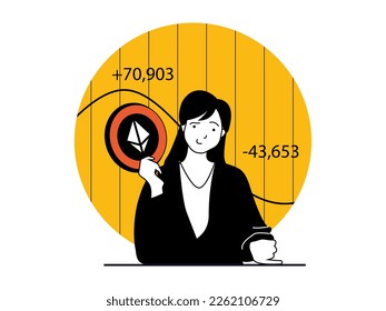 Cryptocurrency marketplace concept with character situation. Woman trading on crypto exchanges, success investing money and get profit. Vector illustrations with people scene in flat design for web