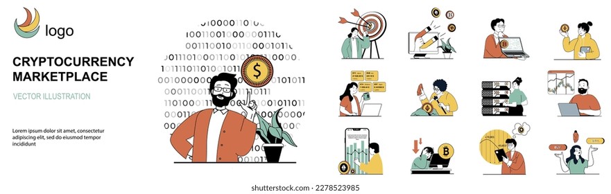 Cryptocurrency marketplace concept with character situations collection. Bundle of scenes people analysing crypto market trends, buying and selling bitcoins. Vector illustrations in flat web design