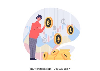 Cryptocurrency marketplace concept in modern flat design for web. Man earning ethereum, litecoin and bitcoin at digital wallets, investing digital money in different crypto coins. Vector illustration.