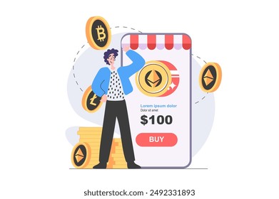 Cryptocurrency marketplace concept in modern flat design for web. Man earning crypto money at cyberspace market, investing digital finance in cons, sell and buy with strategy. Vector illustration.