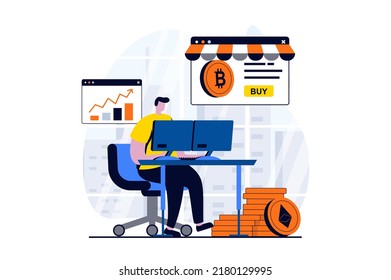 Cryptocurrency marketplace concept with people scene in flat cartoon design. Man engaged in crypto business, buys and sells bitcoins, monitors exchange data. Vector illustration visual story for web
