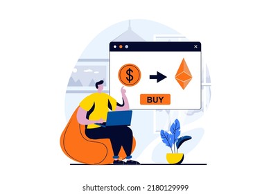 Cryptocurrency marketplace concept with people scene in flat cartoon design. Man buys bitcoins and other currencies and invests money at crypto exchange. Vector illustration visual story for web