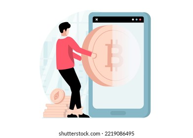 Cryptocurrency marketplace concept with people scene in flat design. Man buying bitcoins or ethereum, making crypto business using mobile app. Vector illustration with character situation for web