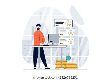 Cryptocurrency marketplace concept with people scene in flat design for web. Man buying crypto coins and managing banking profile. Vector illustration for social media banner, marketing material.