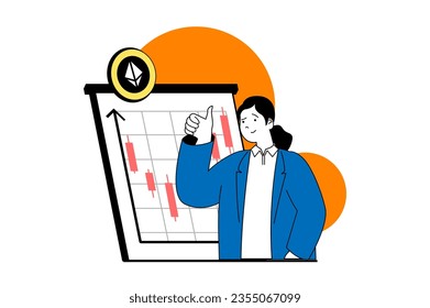 Cryptocurrency marketplace concept with people scene in flat web design. Woman making crypto investments and analyzing financial data. Vector illustration for social media banner, marketing material.