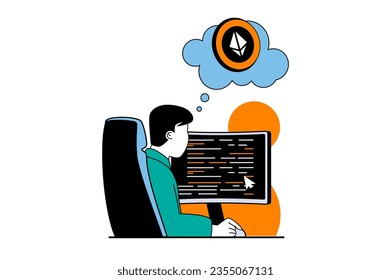 Cryptocurrency marketplace concept with people scene in flat web design. Man trading crypto money and monitoring data at computer. Vector illustration for social media banner, marketing material.