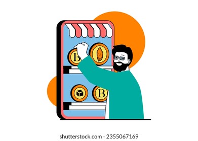 Cryptocurrency marketplace concept with people scene in flat web design. Man choosing crypto coins for buying at virtual platform. Vector illustration for social media banner, marketing material.