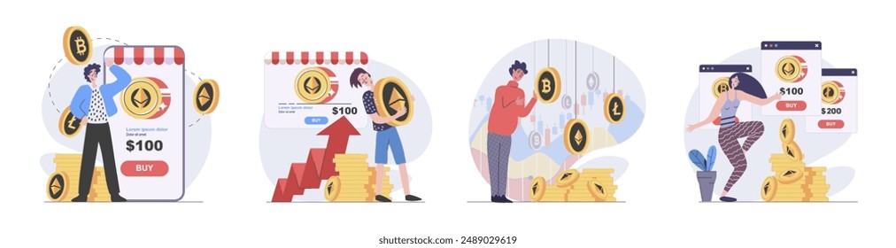 Cryptocurrency marketplace concept with people scenes set in flat web design. Collection of character situation with investing money in crypto cons, sell and buy with strategy. Vector illustrations.