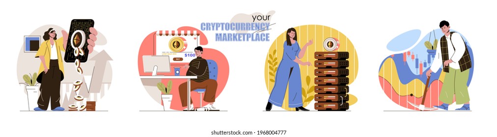 Cryptocurrency marketplace concept scenes set. Bitcoin mining, digital money, blockchain technology, investments. Collection of people activities. Vector illustration of characters in flat design